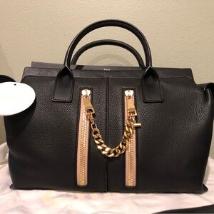 NWT Designer Chloe Cate Black Pebbled Leather Gold Chain Satchel Handbag $1560